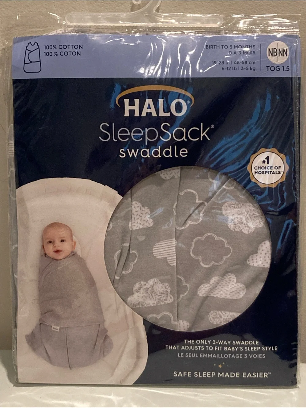 HALO SleepSack Swaddle Size NB/NN Birth-3 Months Gray White Clouds New w/ Tags